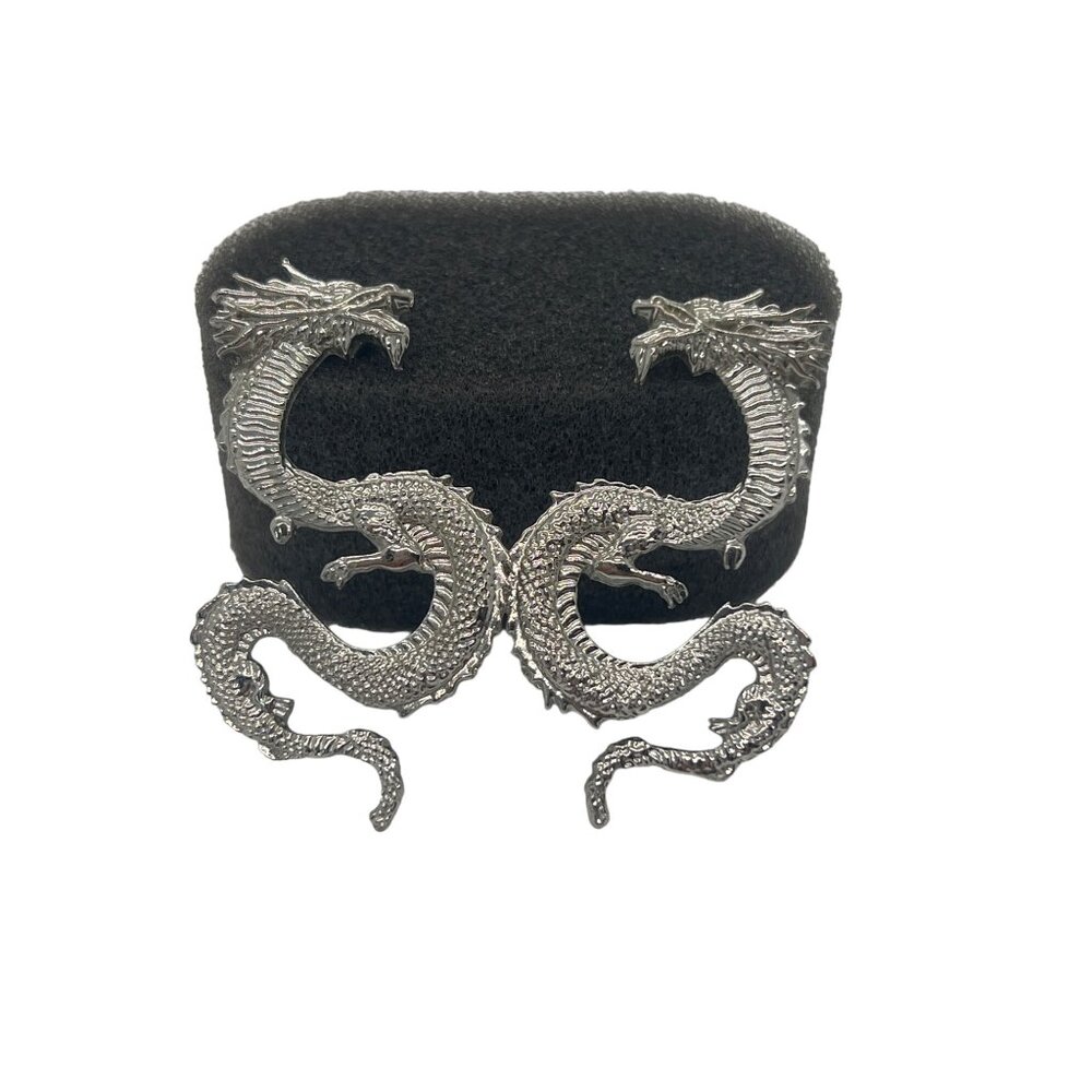 Silver Dragon Earrings Mystical Chinese Fantasy Intricate Detailing 2.25"